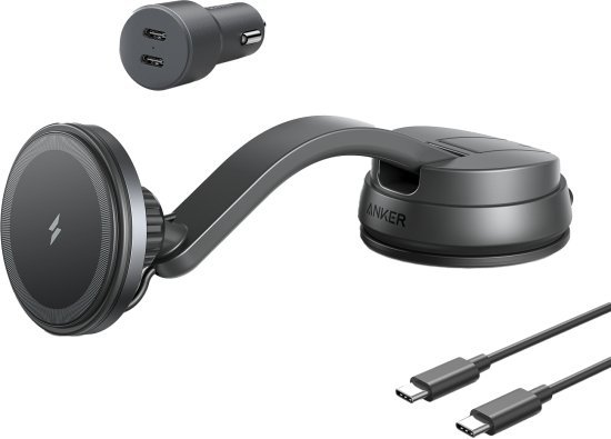 מעמד טעינה מגנטי אלחוטי לרכב כולל כבל טעינה ומטען לרכב עם 2 יציאות Anker MagGo - צבע שחור