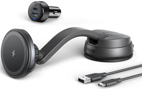 מעמד טעינה מגנטי אלחוטי לרכב כולל כבל טעינה ומטען לרכב עם 2 יציאות Anker MagGo - צבע שחור