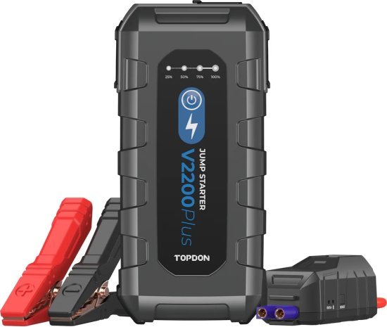 בוסטר התנעה לרכב 12V 2200Amp דגם V2200Plus עם סוללת גיבוי 16000mAh ופנס Topdon