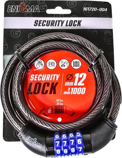 מנעול כבל לאופניים קומבינציה 4 ספרות באורך 1 מטר ועובי 12 מ''מ Enigma - צבע שחור