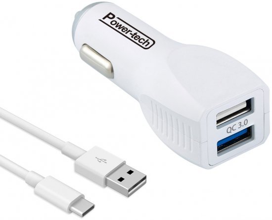 מטען USB כפול לרכב עם כבל Power-Tech 3.6A 30W USB Type-C צבע לבן
